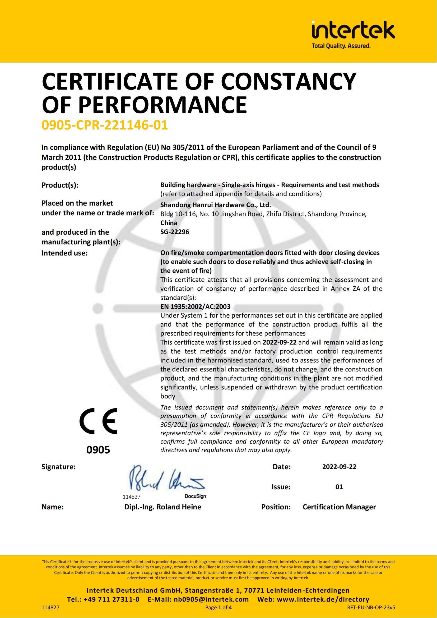 Euro Standard CE 4 '× 3.5 ' × 3mm SS Door المفصلة لأبواب النار